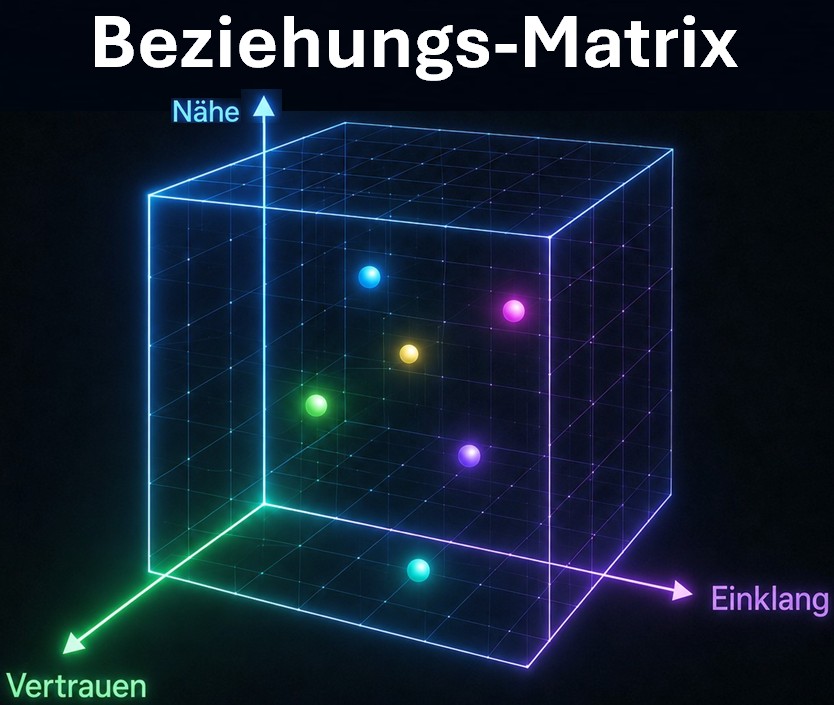 Beispiel eines Beziehungsraums mit den Achsen Nähe, Vertrauen und Einklang