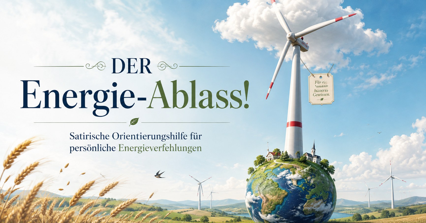 DER Energie-Ablass – kleine Erde mit absurd großem Windrad bis in die Wolken